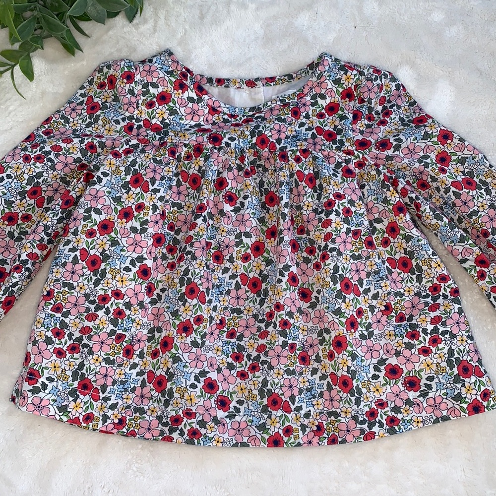 GAP Red & Pink Floral Blouse 12-18M long Sleeve Top EUC